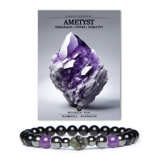 Bransoletka damska i męska z kolekcji Elai, zdobiona ametystem, szmaragdem, onyksami oraz hematytem grafitowym - unikalny dodatek do każdej stylizacji.