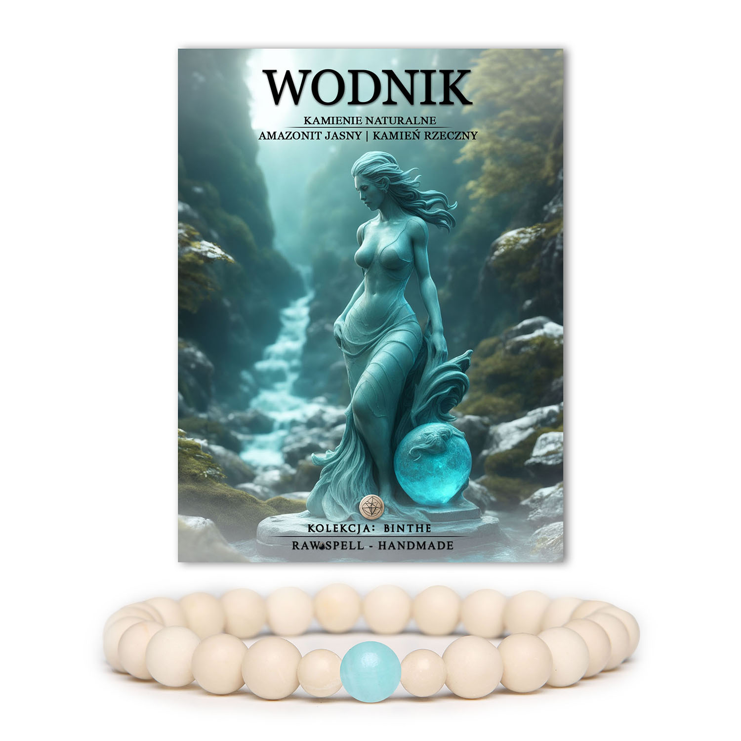 Odkryj bransoletkę z naturalnych kamieni dla Wodnika: jasny amazonit i kamień rzeczny. Idealna dla mężczyzn i kobiet z kolekcji Binthe.