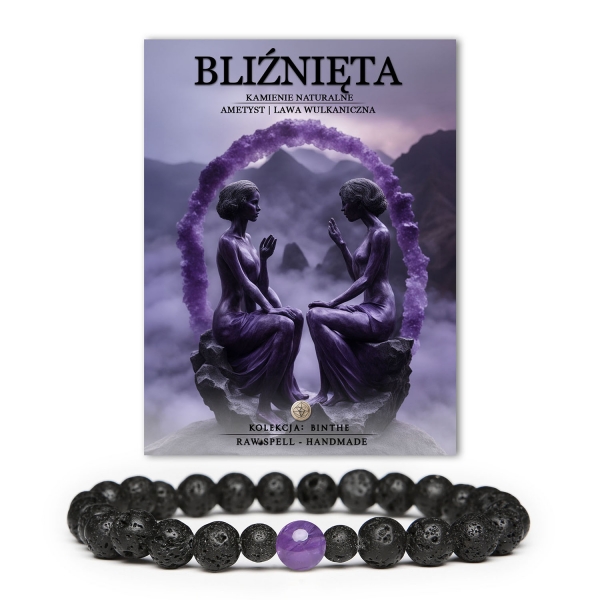 Odkryj bransoletkę z kamieni naturalnych Binthe dla Bliźniąt - elegancka, męska i damska, stworzona z ametystu i lawy wulkanicznej.