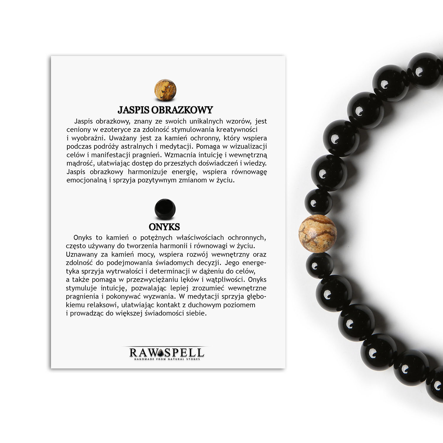 Stylowa bransoletka z kolekcji Binthe - Jaspis Obrazkowy & Onyks Idealna dla niej i dla niego Bransoletka damska i męska z kolekcji Binthe, ozdobiona jaspisem obrazkowym i onyksami, doskonały dodatek w unikalnym stylu.