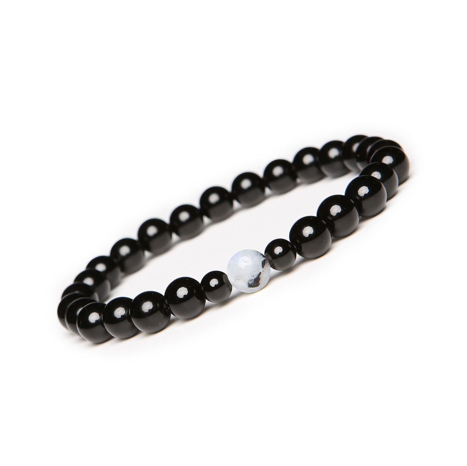 Stylowa bransoletka z kolekcji Binthe - Kamień Księżycowy Łaciaty i Onyks dla Niej i dla Niego Bransoletka z kolekcji Binthe, ozdobiona łaciatym kamieniem księżycowym i onyksami, dostępna w wersji damskiej oraz męskiej.