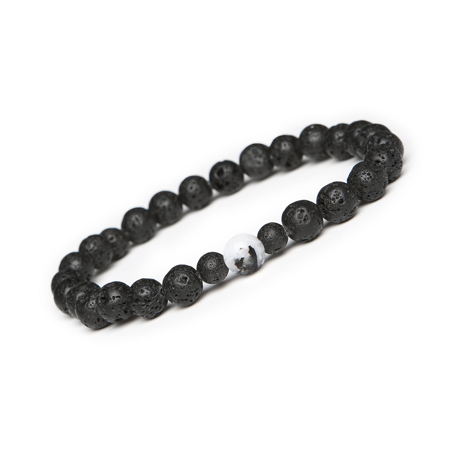 Stylowa bransoletka z kolekcji Binthe Kamień Księżycowy Łaciaty oraz Lawa Wulkaniczna Stylowa bransoletka Binthe z lawą wulkaniczną oraz kamieniem księżycowym łaciatym, uniwersalna dla wszystkich płci.