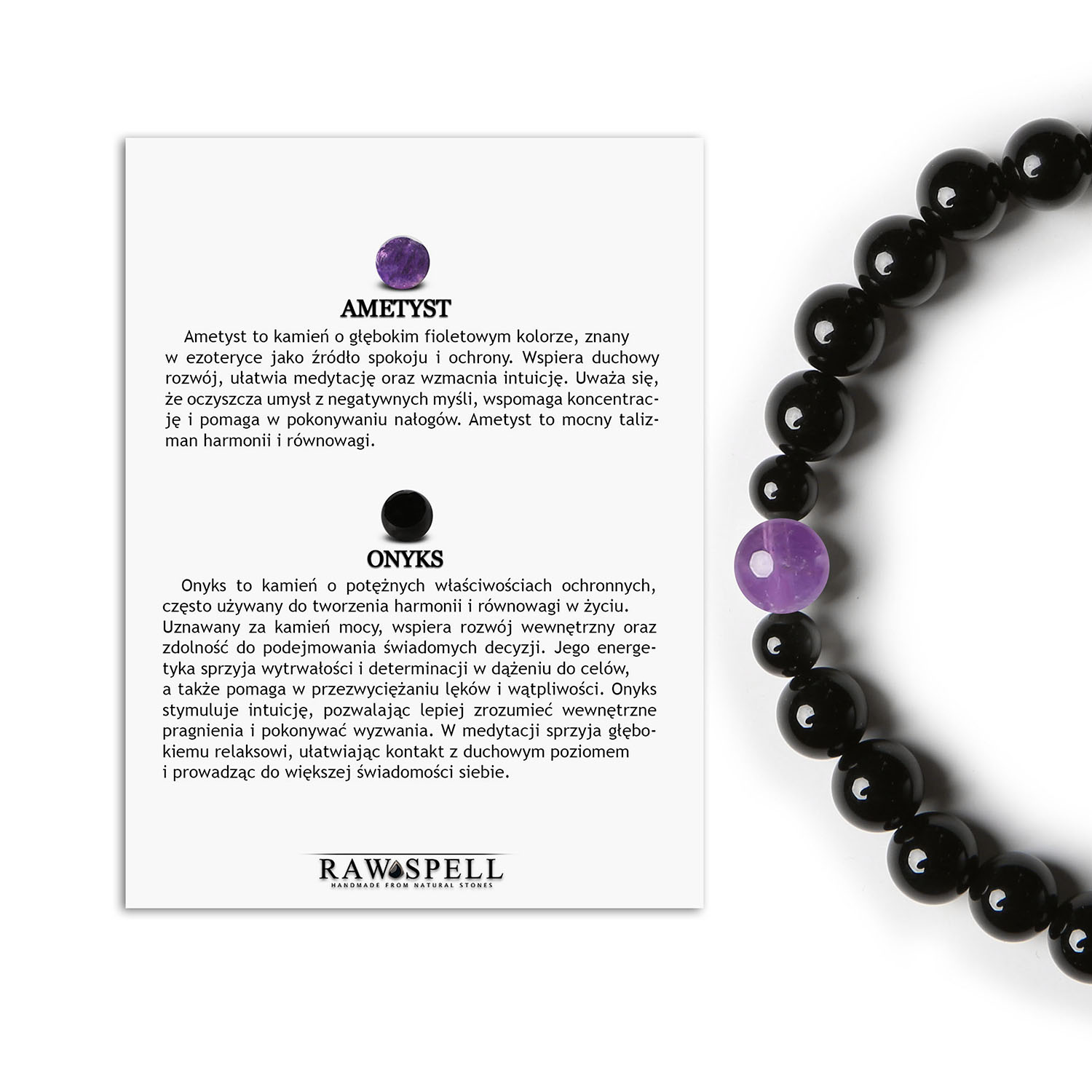 Stylowa bransoletka z kolekcji Binthe, łącząca ametyst i onyks - doskonały wybór dla każdej płci Stylowa bransoletka damska i męska z kolekcji Binthe, wykonana z ametystu i onyksu.