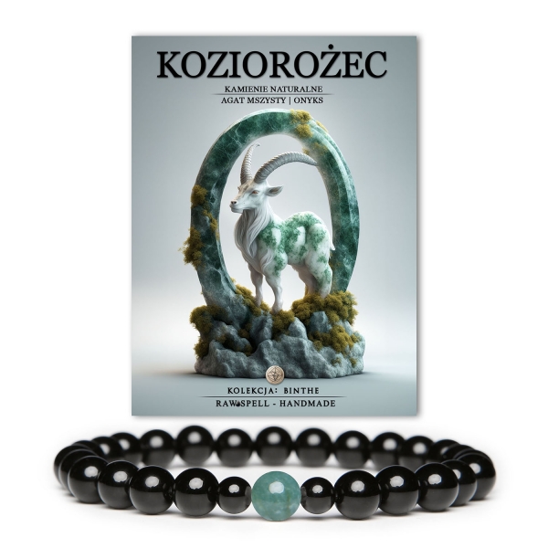 Bransoletka z kamieni naturalnych dla Koziorożca: agat mszysty i onyks. Styl i harmonia w każdej chwili. Doskonała dla kobiet i mężczyzn.