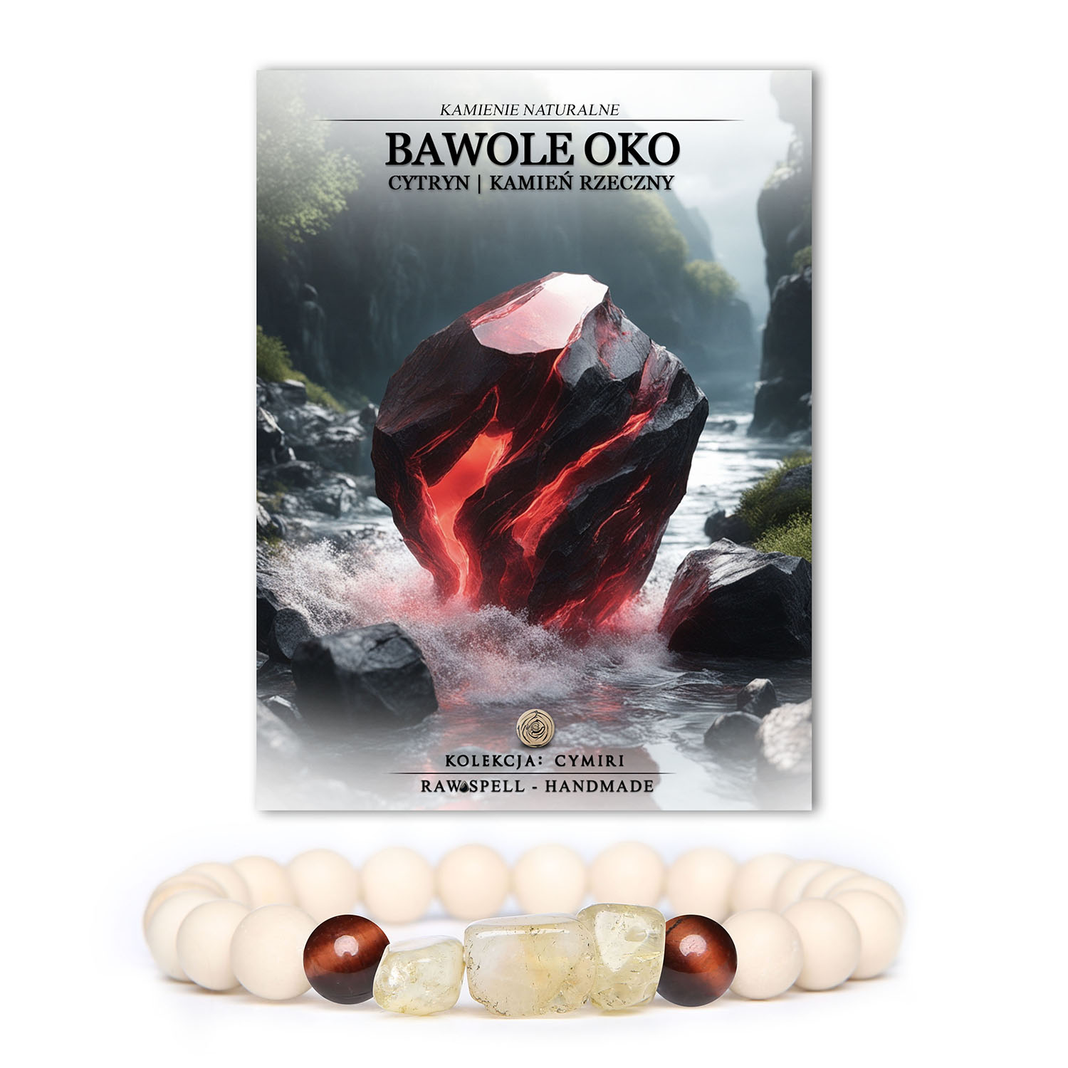 Bransoletka z kolekcji Cymiri dla mężczyzn i kobiet, wykonana z naturalnych kamieni: bawole oko, cytryn i kamień rzeczny.