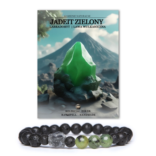 Bransoletka Derdr z zielonym jadeitem, labradorytem i lawą wulkaniczną, wykonana z naturalnych kamieni - idealna zarówno dla kobiet, jak i mężczyzn.