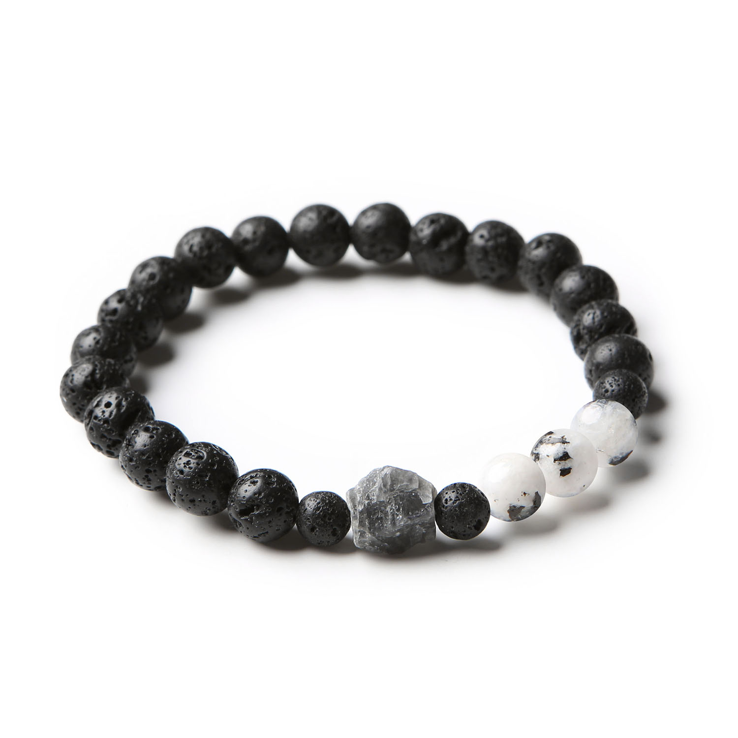 Bransoletka Derdr z kolekcji z kamieniami: księżycowy łaciaty, labradoryt i lawa wulkaniczna, doskonała dla kobiet i mężczyzn.