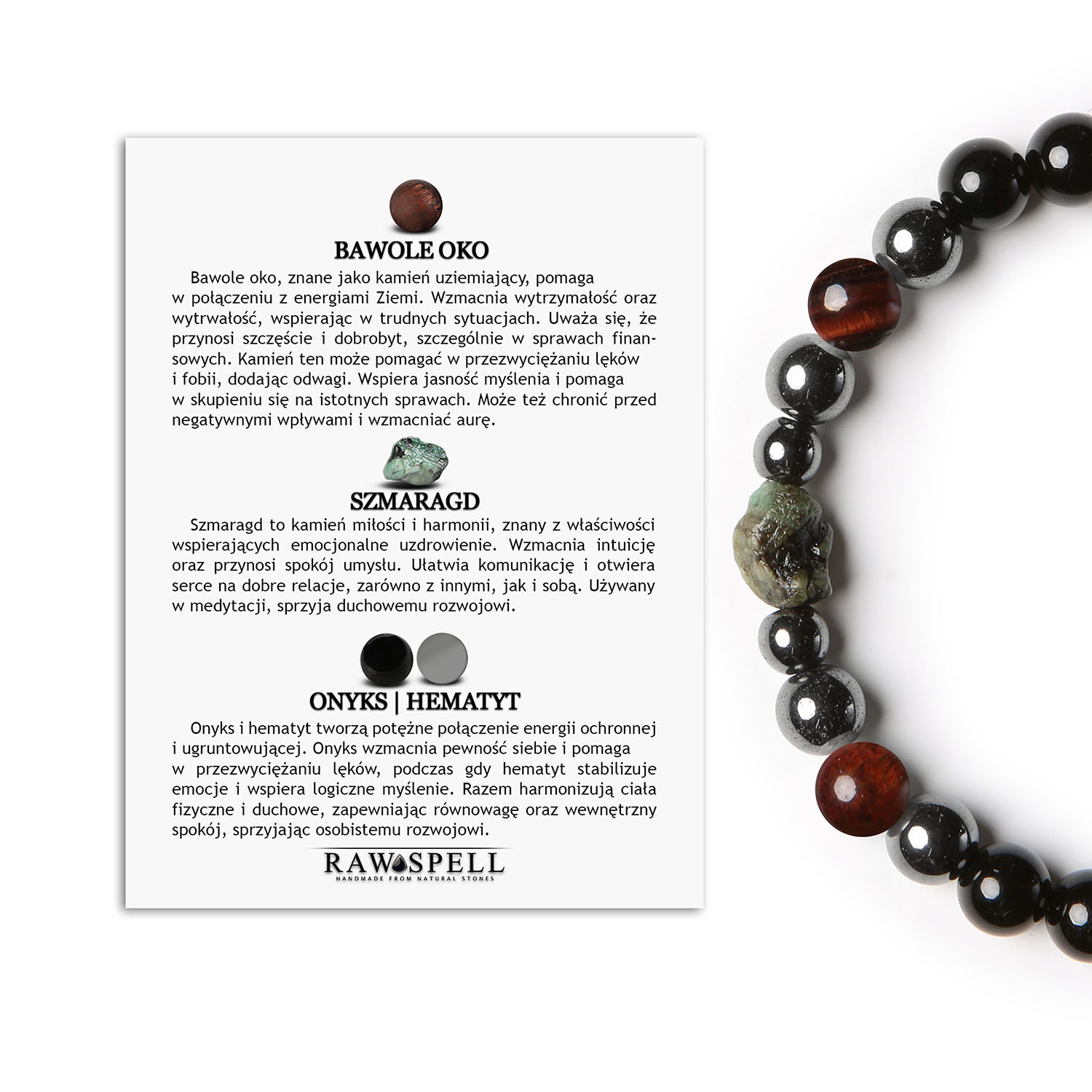 Stylowa bransoletka z kolekcji Elai bawole oko, szmaragd, onyks i hematyt – dla niego i niej Bransoletka damska i męska z kolekcji Elai z kamieniami Bawole Oko, Szmaragd, Onyks oraz Hematyt Grafitowy.