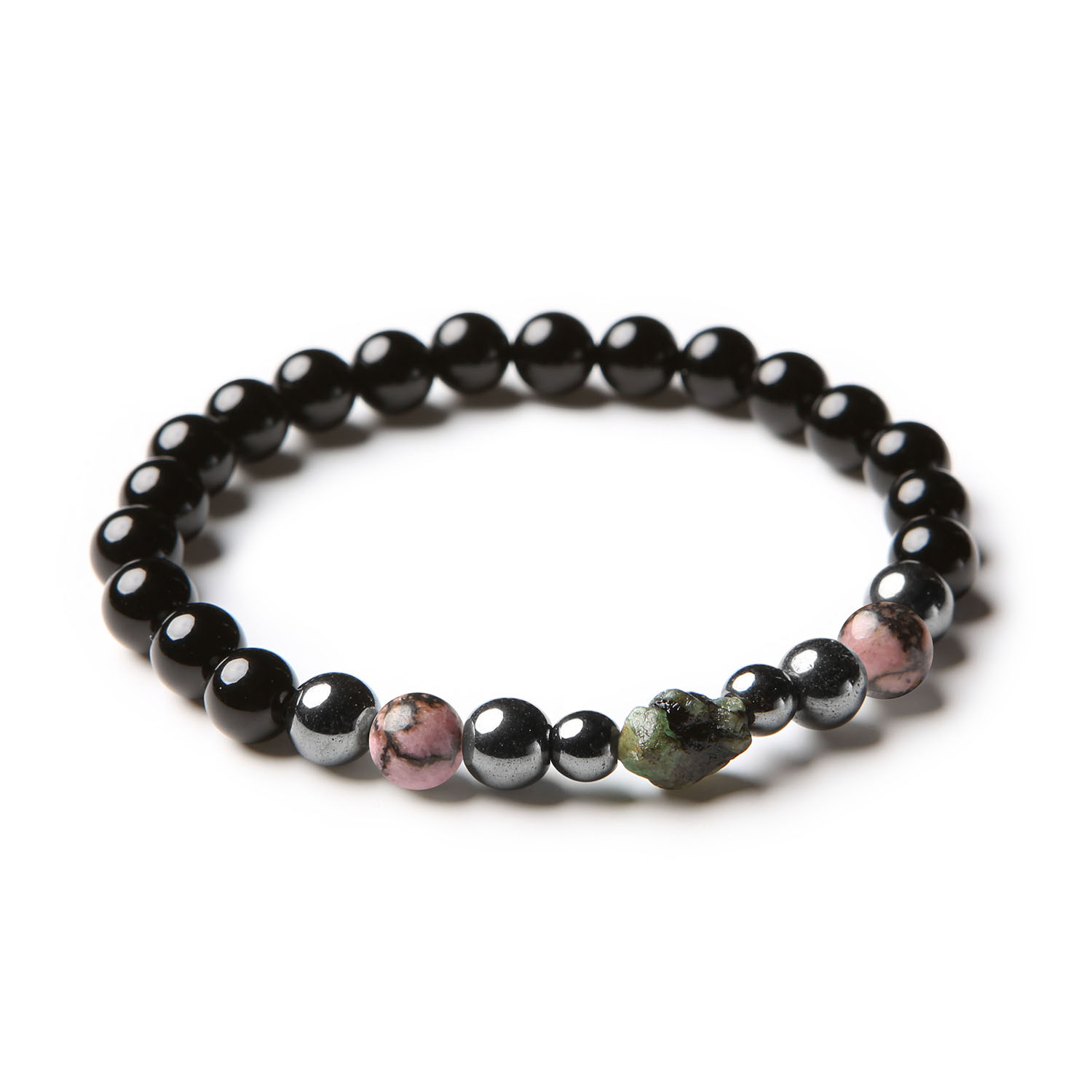 Elegancka bransoletka Elai z rodonitem w odcieniach różowego i czarnego, szmaragdem, onyksem i hematytem grafitowym, idealna zarówno dla kobiet, jak i mężczyzn.