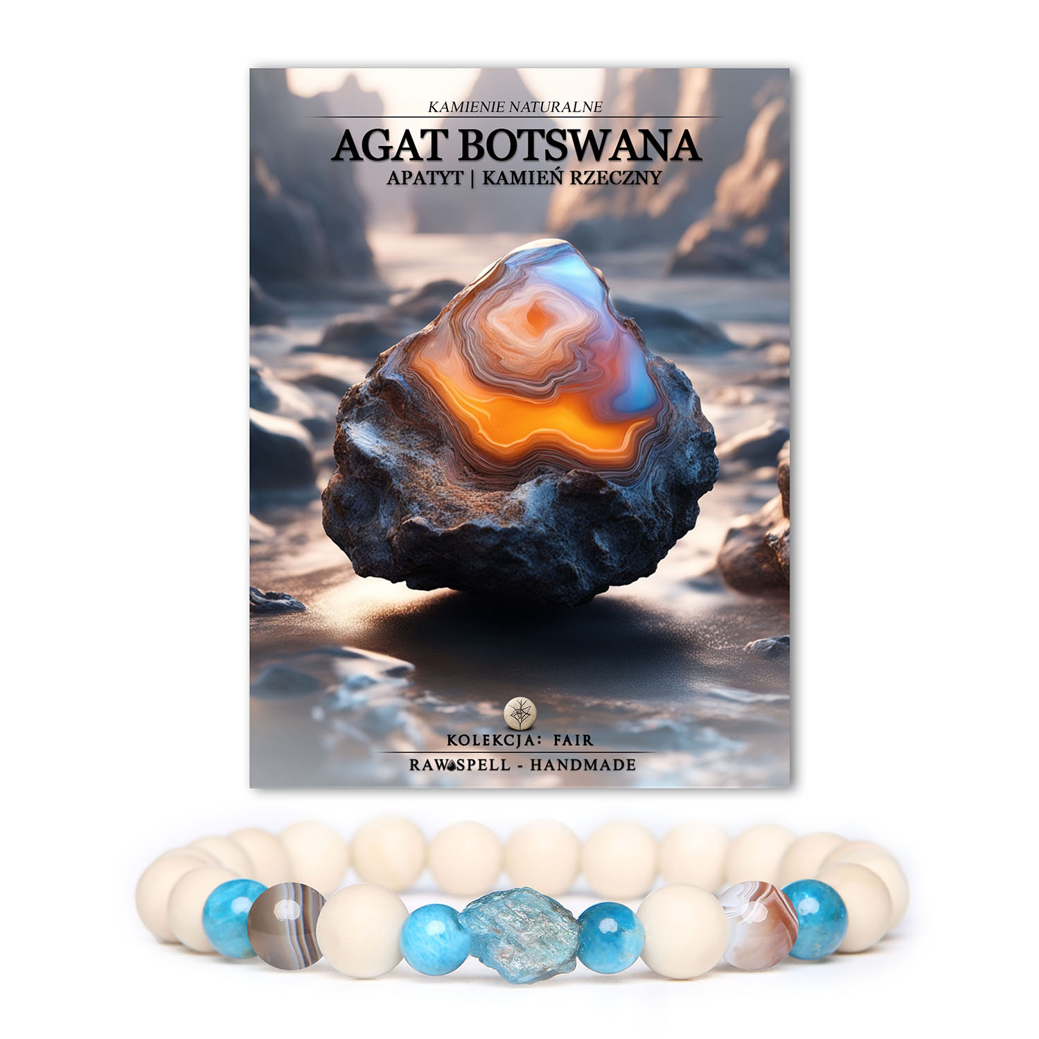 Bransoletka unisex z kolekcji Fair, zdobiona Agatem Botswana, Apatytem i Kamieniem Rzecznym.