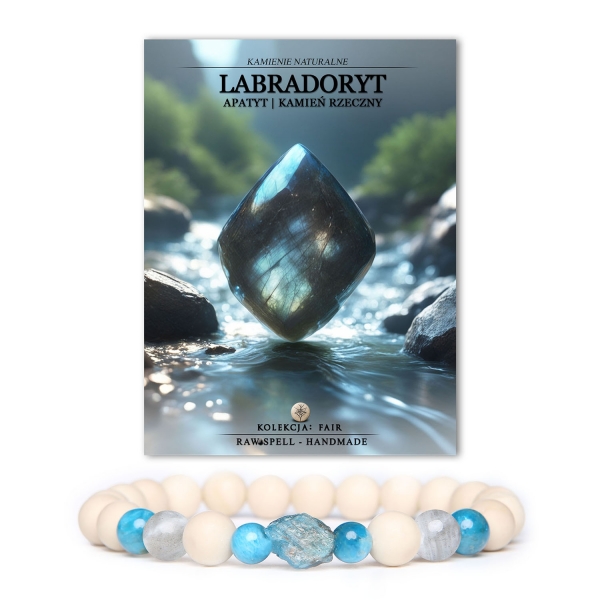 Bransoletka damska i męska z kolekcji Fair, ozdobiona labradorytem, apatytami i kamieniami rzecznymi.