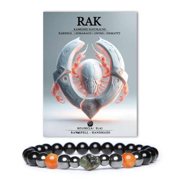 Elegancka bransoletka Rak z kolekcji Elai, wykonana z karneolu, szmaragdu, onyksu i hematytu grafitowego, idealna dla każdego znaku.