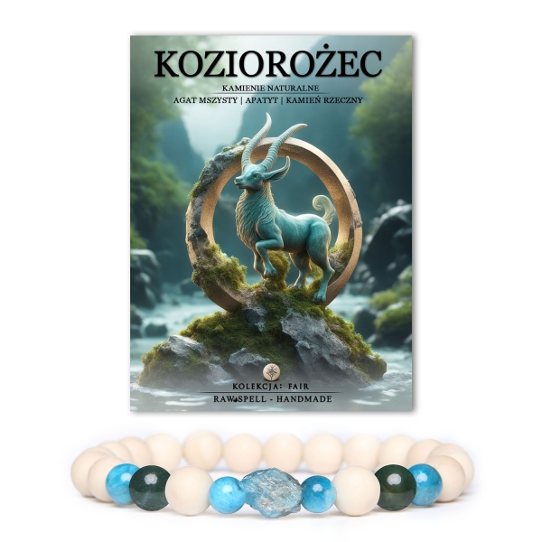 Bransoletka z naturalnych kamieni dla Koziorożca: agat mszysty, apatyt i kamień rzeczny, dostępna w kolekcji Fair, idealna dla kobiet i mężczyzn.
