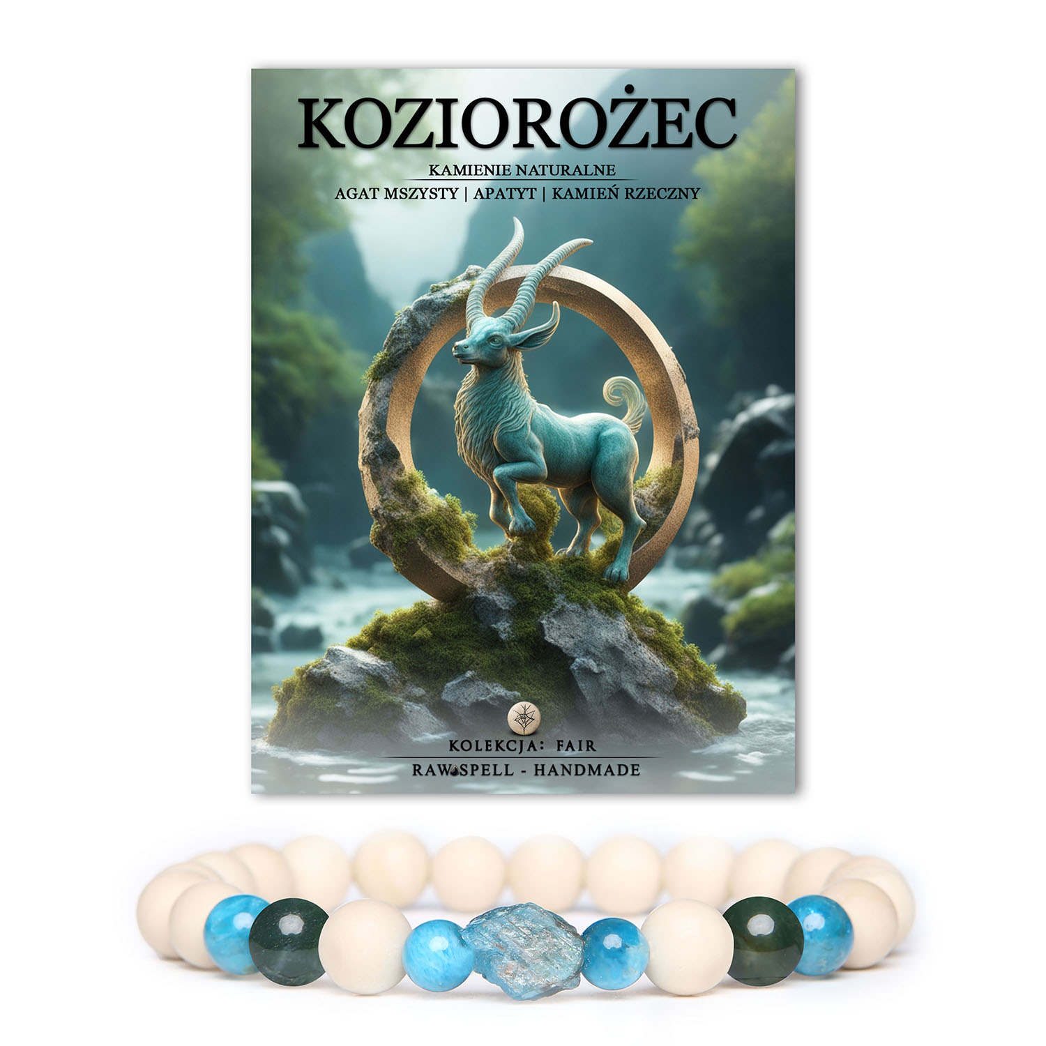 Bransoletka z naturalnych kamieni dla Koziorożca: agat mszysty, apatyt i kamień rzeczny, dostępna w kolekcji Fair, idealna dla kobiet i mężczyzn.