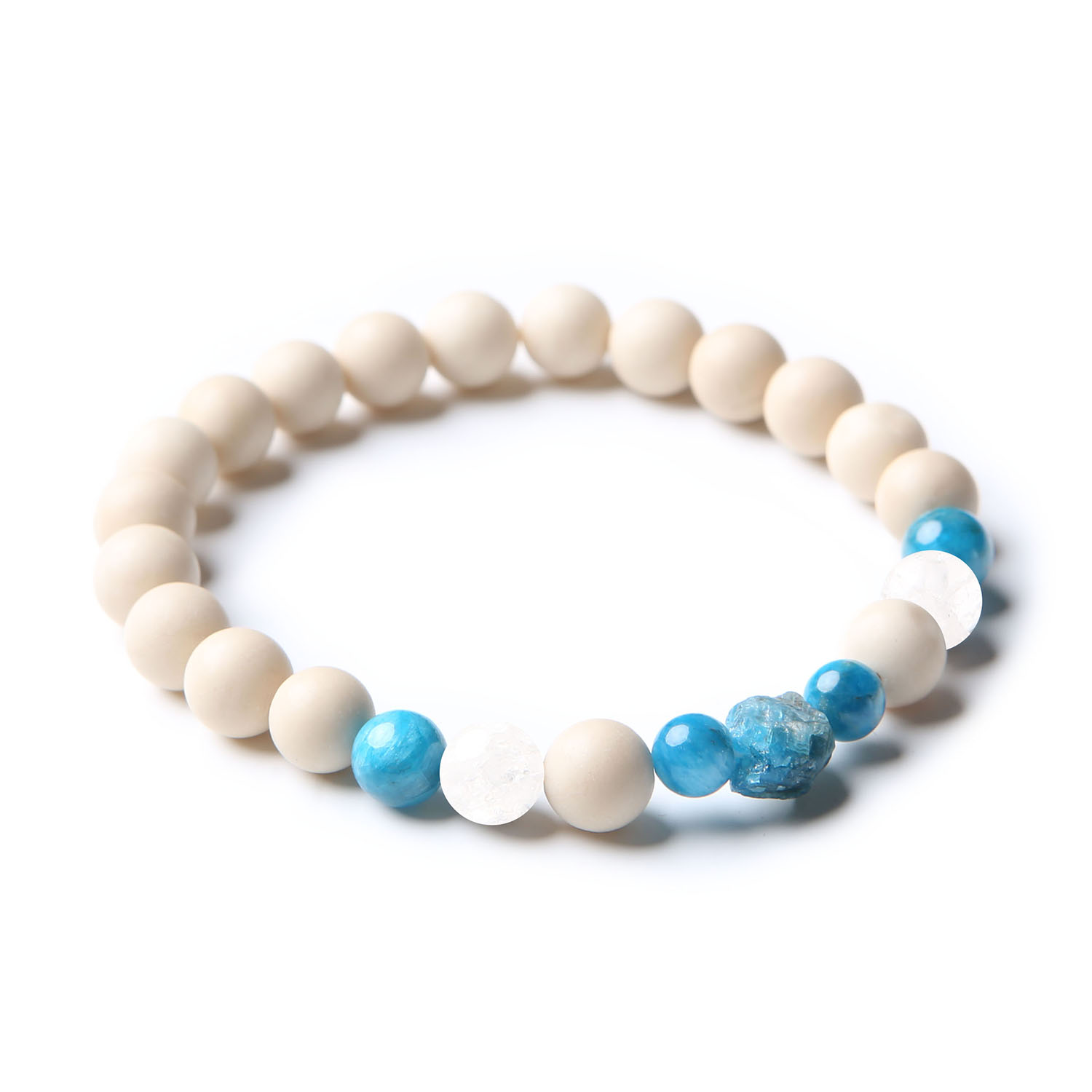 Elegancka bransoletka z kolekcji Fair, wykonana z kryształu górskiego lodowego, apatytu i kamienia rzecznego, idealna dla kobiet i mężczyzn.