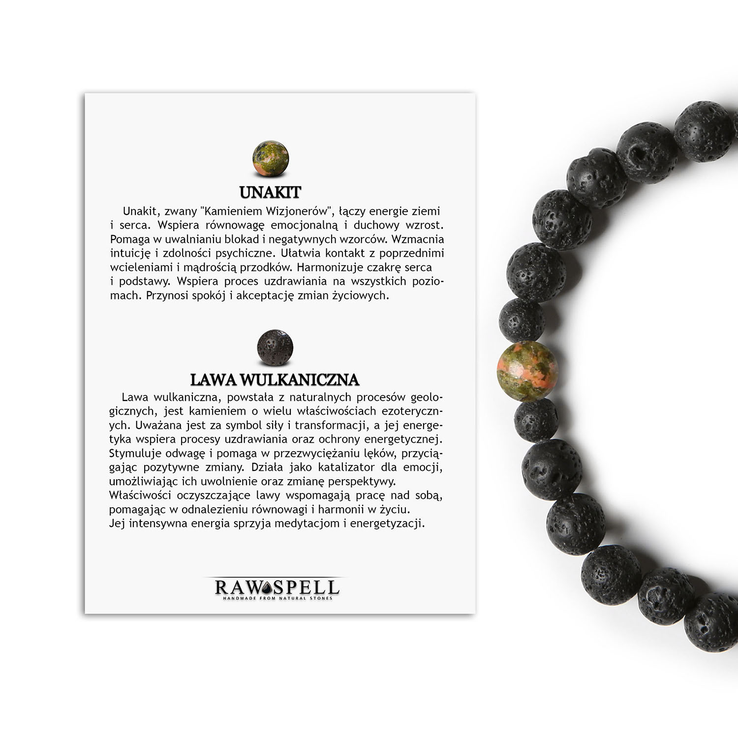 Tył - z karteczką - 2 Bransoletka z kolekcji Binthe wykonana z unakitu i lawy wulkanicznej, idealna dla kobiet i mężczyzn.