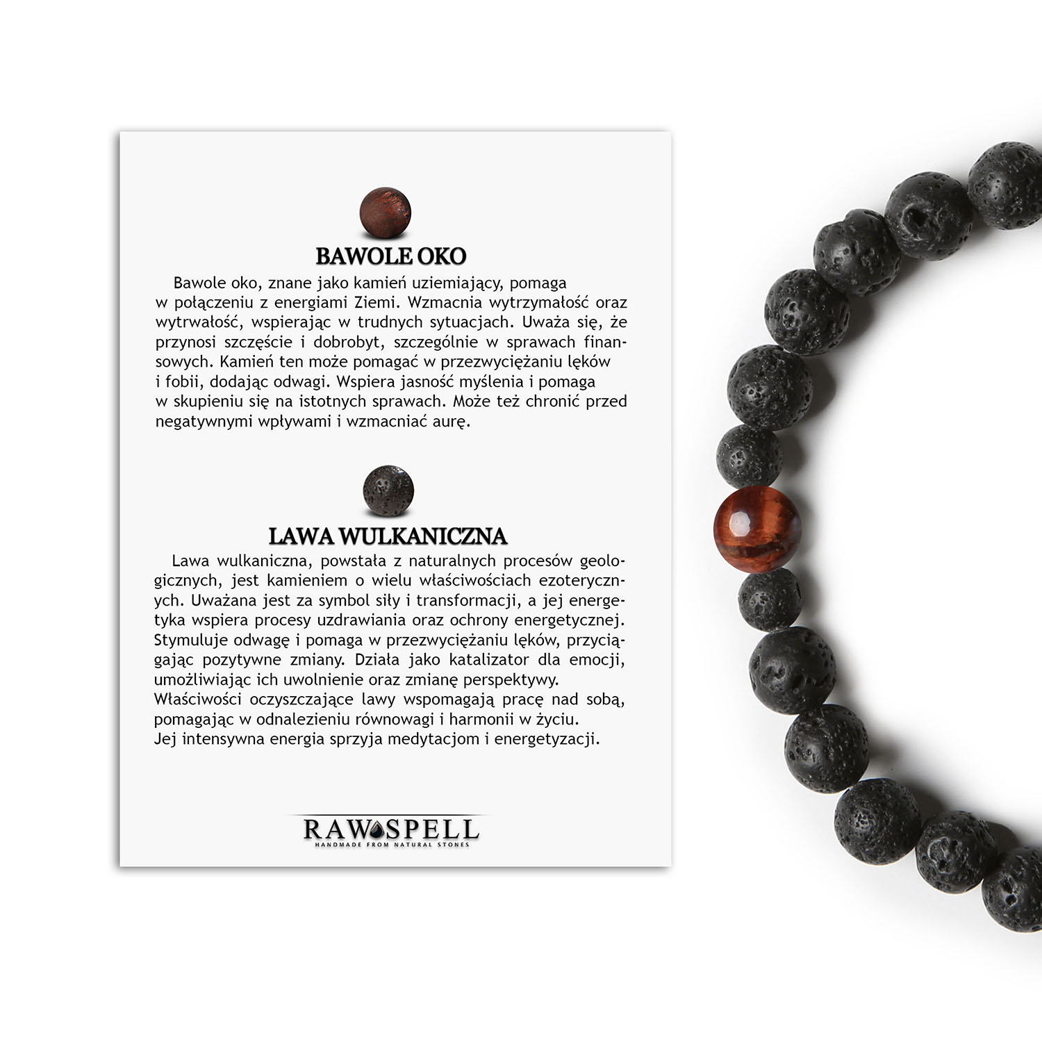 Unikalna bransoletka Binthe Bawole Oko i Lawa Wulkaniczna Damski i Męski design Bransoletka damska i męska z kolekcji Binthe, wykonana z bawolego oka i lawy wulkanicznej.