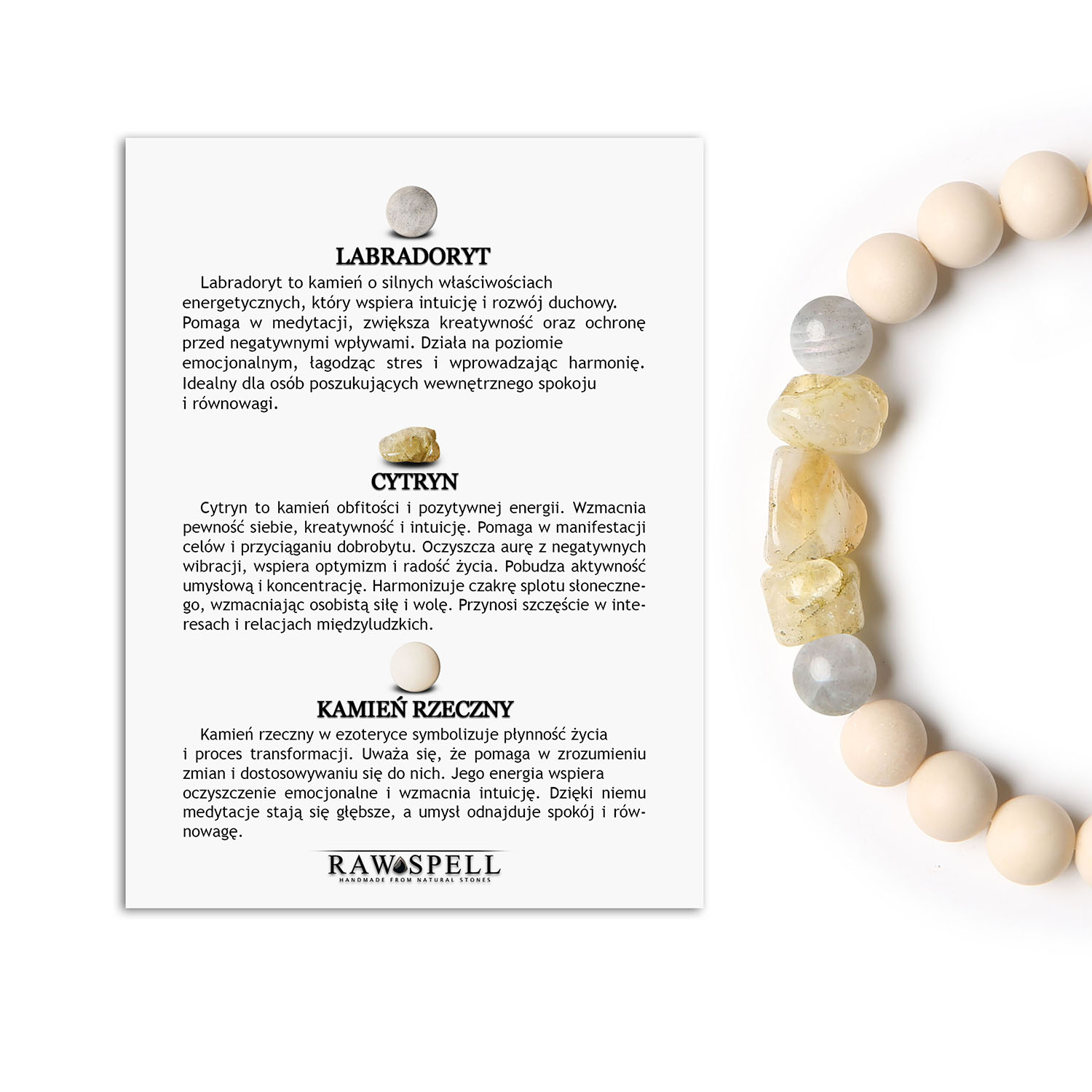 Unikalna bransoletka Cymiri z kamieniami Labradoryt, Cytryn, Kamień Rzeczny. Stylowa biżuteria dla Mężczyzn i Kobiet Bransoletka z kolekcji Cymiri wykonana z naturalnych kamieni: labradorytu, cytrynu i kamienia rzecznego, przeznaczona dla mężczyzn i kobiet.