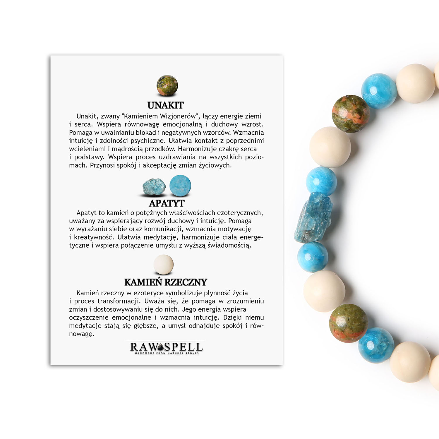 Unikatowa bransoletka z kolekcji Fair! Unakit, Apatyt, Kamień Rzeczny. Idealny wybór dla mężczyzn i kobiet, ceniących styl Bransoletka damska i męska z kolekcji Fair, z kamieniami unakit, apatyt oraz kamień rzeczny.