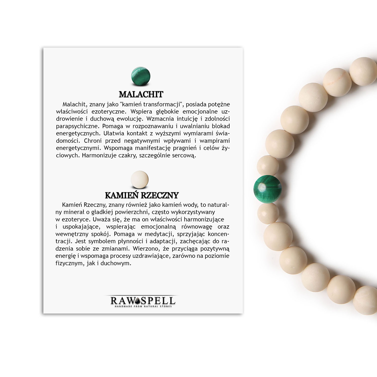 Uniwersalna bransoletka Binthe z malachitu oraz kamienia rzecznego - elegancja dla kobiet i mężczyzn Bransoletka damska i męska z kolekcji Binthe, wykonana z naturalnych kamieni: malachit i kamień rzeczny.