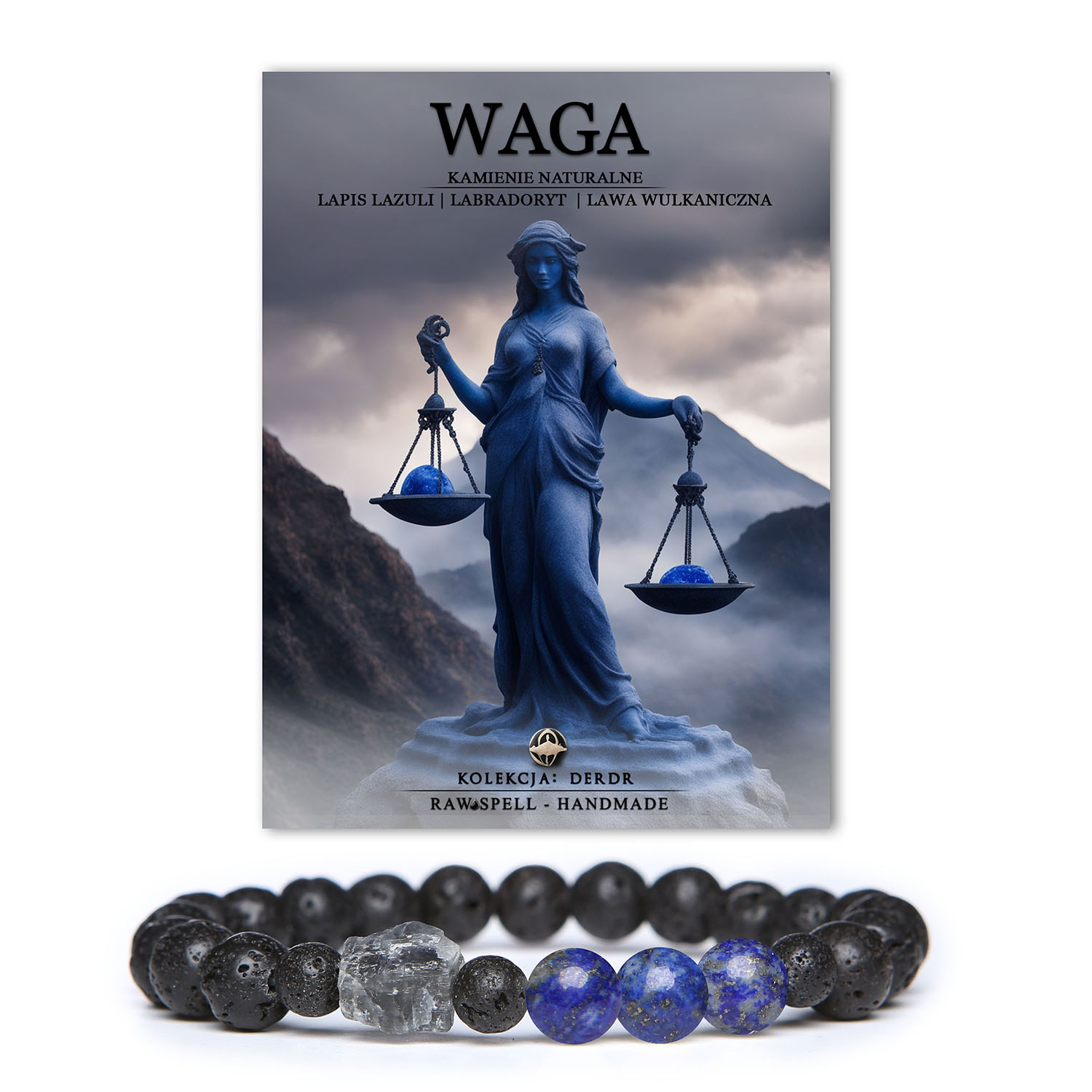 Bransoletka z naturalnych kamieni w kolekcji Derdr, inspirowana znakiem Wagi, z lapis lazuli, labradorytem i lawą wulkaniczną.