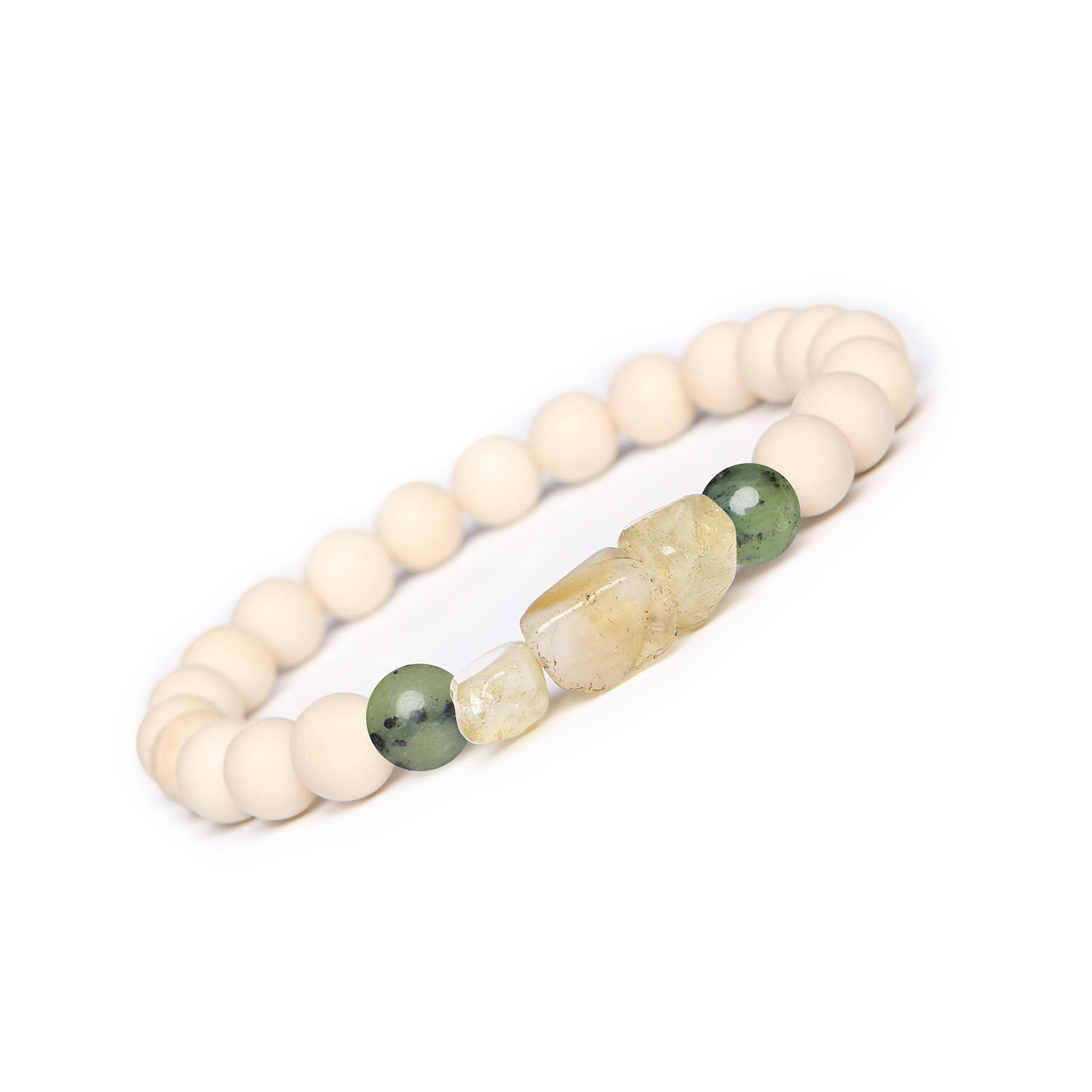 Wyjątkowa bransoletka Cymiri z jadeitu, cytrynu i kamienia rzecznego. Dla Mężczyzn i Kobiet, którzy cenią naturę Bransoletka Cymiri z naturalnych kamieni: jadeit zielony, cytryn i kamień rzeczny, idealna dla mężczyzn i kobiet.