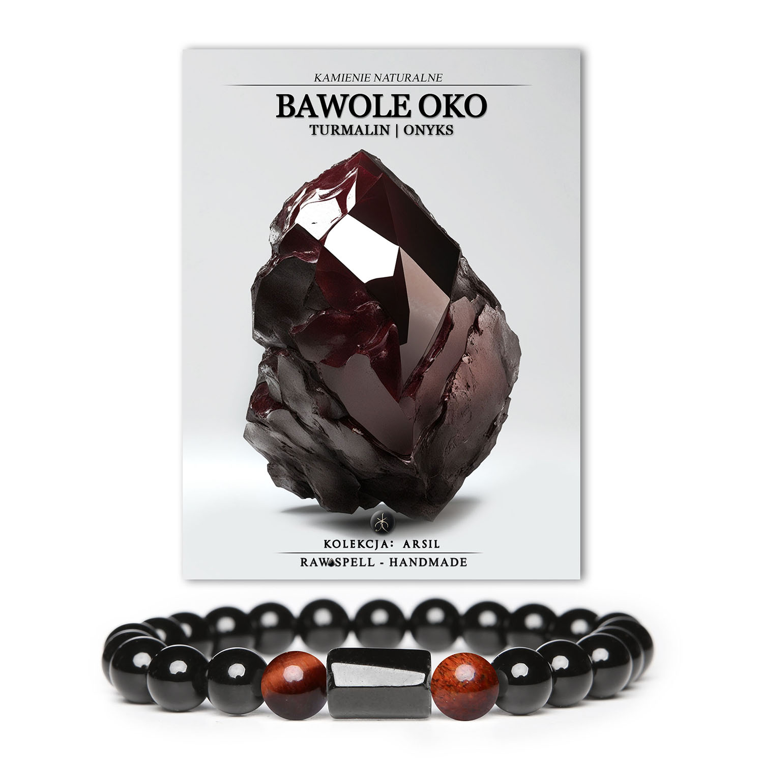 Bransoletka Arsil z magicznym bawolim okiem, energetycznym turmalinem i eleganckim onyksiem – idealne połączenie mocy i stylu, które przyciąga spojrzenia.