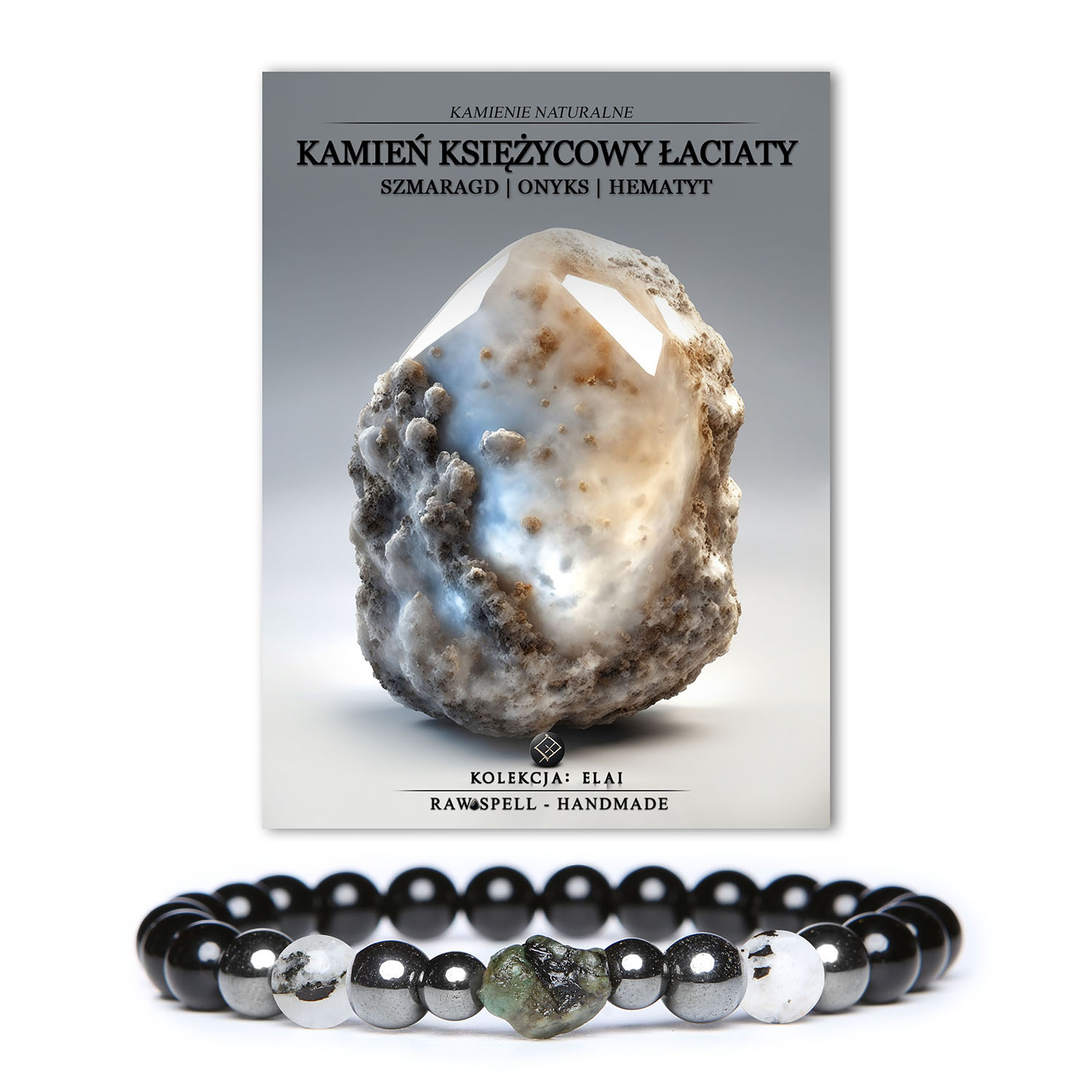 Bransoletka Elai z kamieniem księżycowym łaciatym, szmaragdem, onyksami i hematytem grafitowym, pasująca do męskich i damskich stylizacji.
