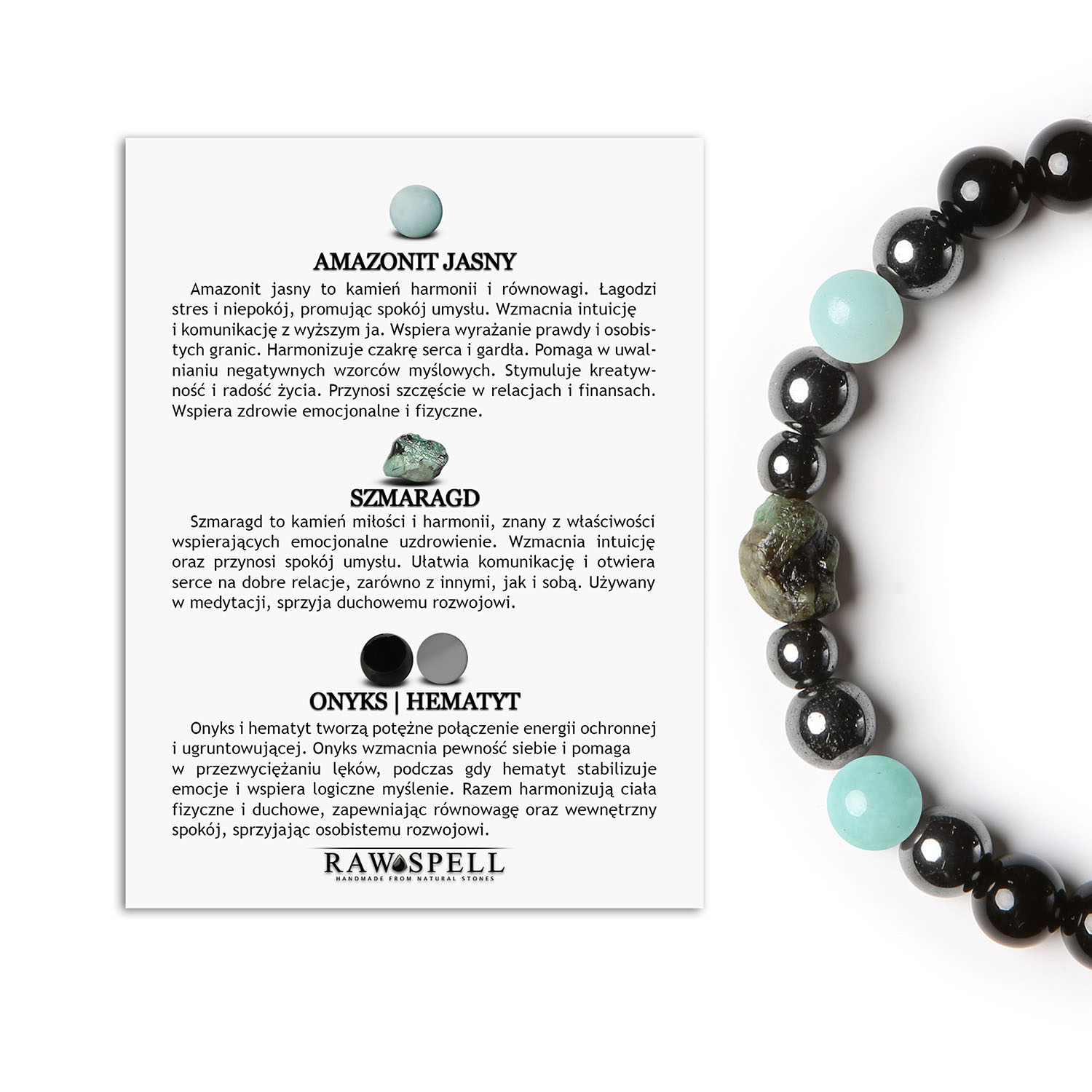 Zjawiskowa bransoletka Elai z amazonitem, szmaragdem, onyks i hematytem – idealna dla każdej osoby Stylowa bransoletka Elai w odcieniach jasnego amazonitu, szmaragdu, onyksu oraz hematytu grafitowego, unisex.