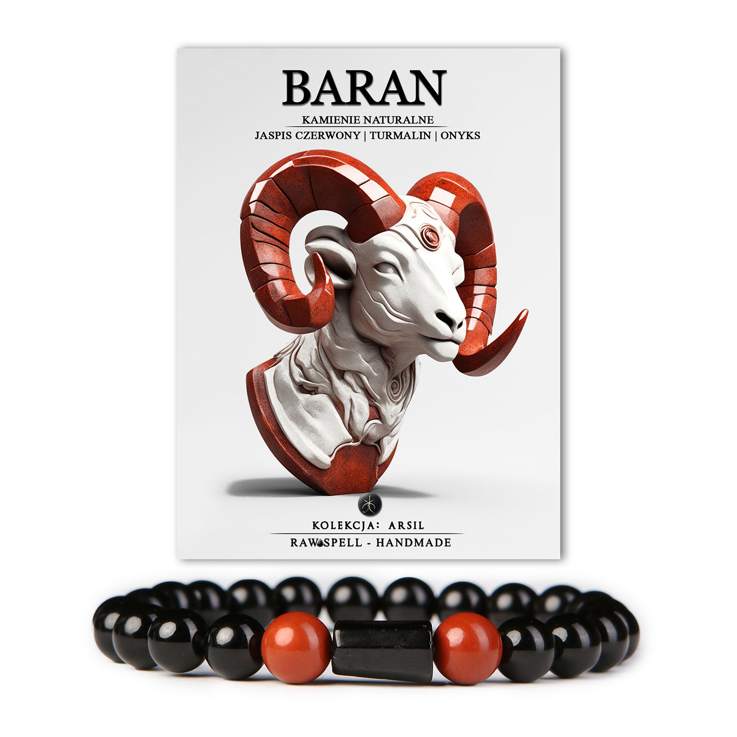 Elegancka bransoletka z naturalnych kamieni, inspirowana znakiem Zodiaku Baran. Oferująca unikalne połączenie jaspisu czerwonego, turmalinu i onyksu, ta wyjątkowa biżuteria z kolekcji Arsil emanuje energią i siłą, symbolizując pasję i odwagę Barana.