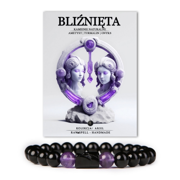 Bransoletka z naturalnych kamieni Ametystu, Turmalinu i Onyksu, stworzona z myślą o Bliźniętach. Subtelne połączenie kolorów symbolizuje dualizm i kreatywność tego znaku zodiaku. Kolekcja Arsil oferuje nie tylko stylowy dodatek, ale również talizman, który wspiera harmonię i balans w codziennym życiu.