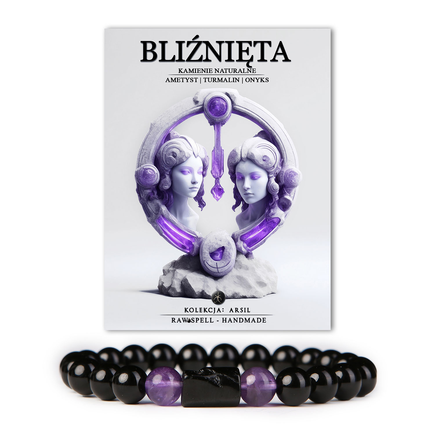 Bransoletka z naturalnych kamieni Ametystu, Turmalinu i Onyksu, stworzona z myślą o Bliźniętach. Subtelne połączenie kolorów symbolizuje dualizm i kreatywność tego znaku zodiaku. Kolekcja Arsil oferuje nie tylko stylowy dodatek, ale również talizman, który wspiera harmonię i balans w codziennym życiu.