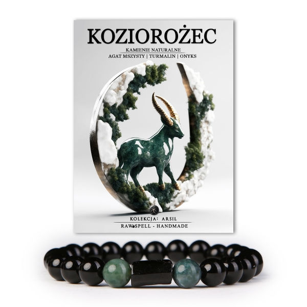 Stylowa bransoletka z naturalnych kamieni dla przedstawicieli znaku Zodiaku Koziorożec, wykonana z agatu mszystego, turmalinu i onyksu. Kolekcja Arsil łączy elegancję z siłą, oferując unikalny dodatek, który wspiera ambicje i determinację noszącego.