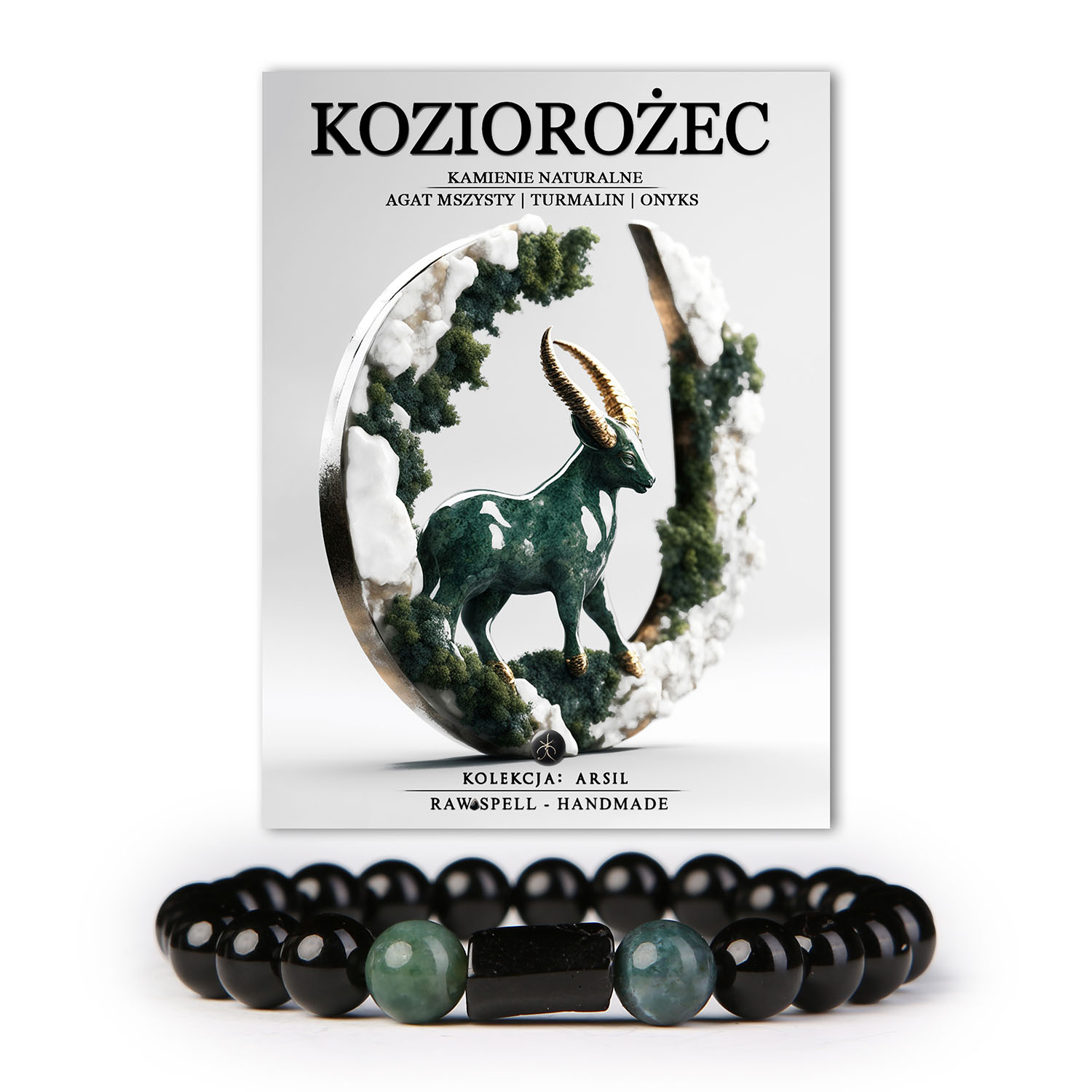 Stylowa bransoletka z naturalnych kamieni dla przedstawicieli znaku Zodiaku Koziorożec, wykonana z agatu mszystego, turmalinu i onyksu. Kolekcja Arsil łączy elegancję z siłą, oferując unikalny dodatek, który wspiera ambicje i determinację noszącego.