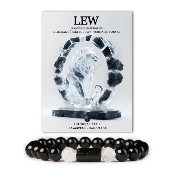 Bransoletka z kolekcji Arsil, inspirowana znakiem Zodiaku Lew, łącząca potęgę kryształu górskiego, turmalinu i onyksu. Ta elegancka biżuteria odzwierciedla siłę, kreatywność i odwagę, dodając blasku każdemu strojowi.