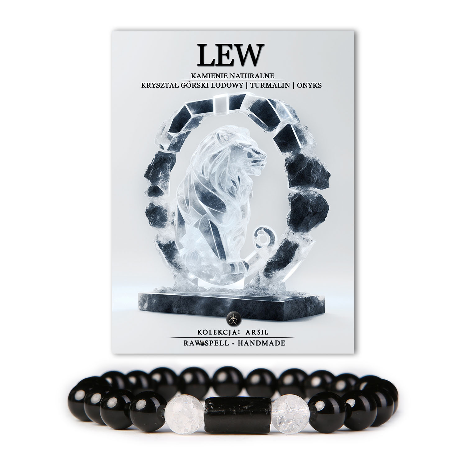 Bransoletka z kolekcji Arsil, inspirowana znakiem Zodiaku Lew, łącząca potęgę kryształu górskiego, turmalinu i onyksu. Ta elegancka biżuteria odzwierciedla siłę, kreatywność i odwagę, dodając blasku każdemu strojowi.