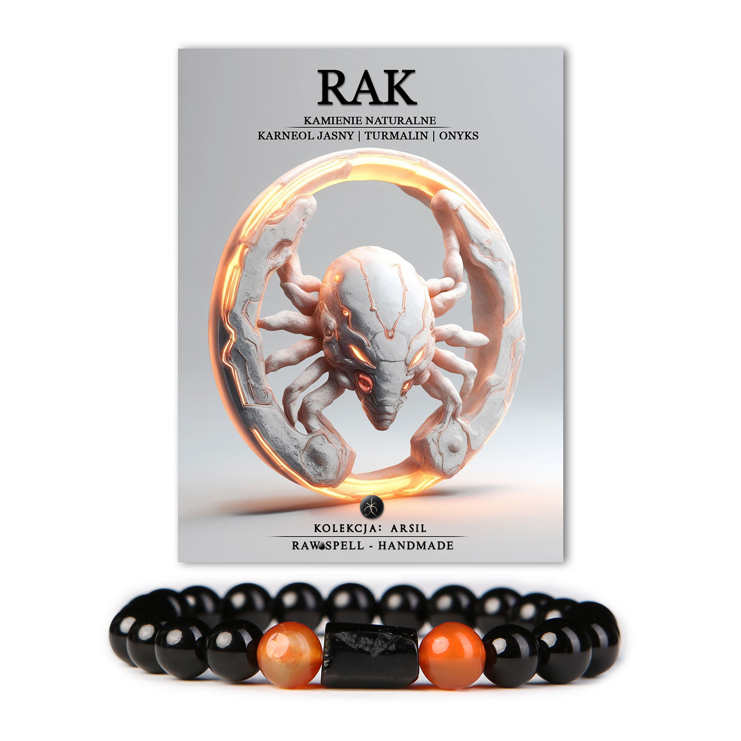 Elegancka bransoletka z kamieni naturalnych inspirowana znakiem zodiaku Rak, wykonana z karneolu, turmalinu i onyksu. Kolekcja Arsil łączy harmonię kolorów oraz energetyczne właściwości kamieni, tworząc unikalny symbol ochrony i pozytywnej energii.