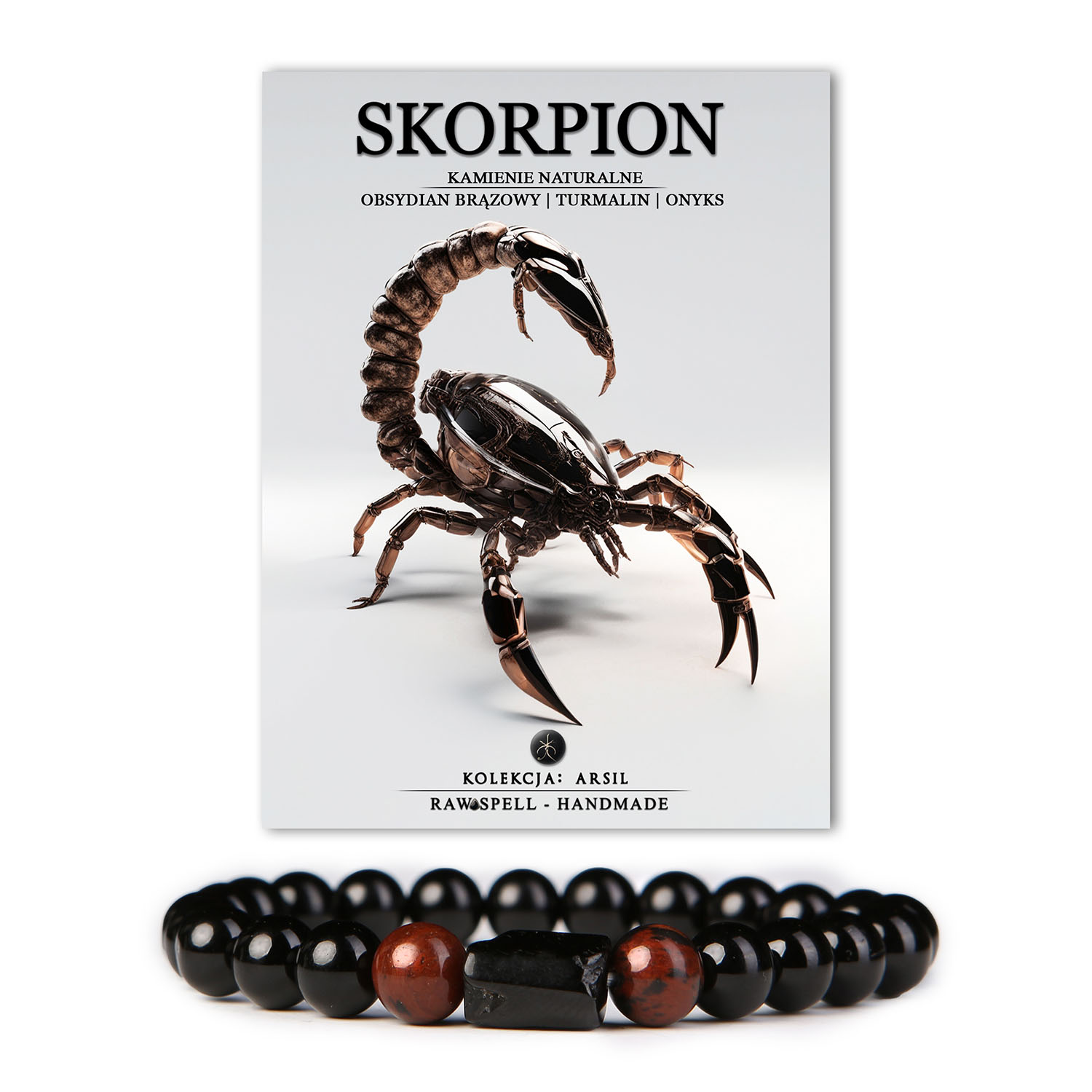 Bransoletka z kamieni naturalnych z kolekcji Arsil, inspirowana znakiem zodiaku Skorpion. Ozdobiona błyszczącym obsydianem brązowym, eleganckim turmalinem i głębokim onyksem, tworzy unikalną harmonię, która przyciąga wzrok i podkreśla indywidualność noszącej ją osoby.