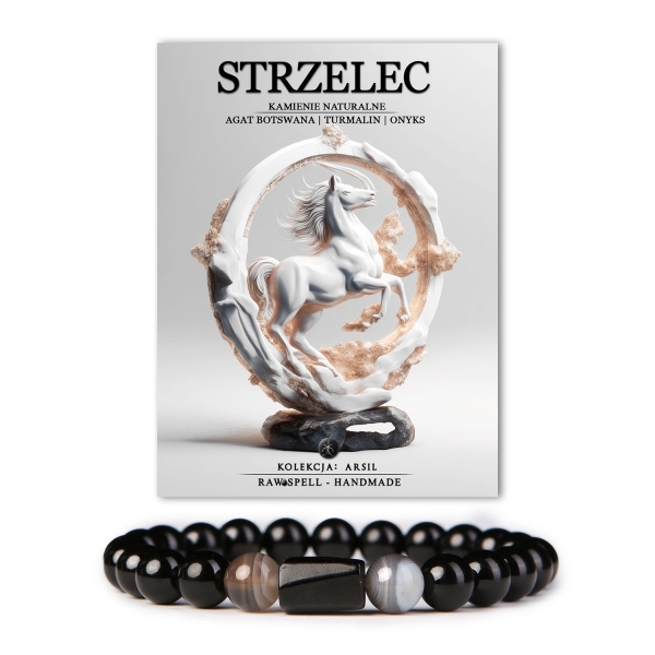 Bransoletka z kolekcji Arsil, inspirowana znakiem Zodiaku Strzelec, łączy w sobie hipnotyzujący agat botswana oraz elegancki turmalin i onyx. Kamienie naturalne harmonijnie współgrają ze sobą, tworząc wyjątkowy dodatek, który symbolizuje wolność, przygodę i optymizm, charakterystyczne dla osób urodzonych pod znakiem Strzelca.