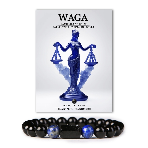 Bransoletka z Kolekcji Arsil dla miłośników Zodiaku Wagi – połączenie szlachetnego lapisu lazuli, energetycznego turmalinu oraz oszałamiającego onyksu. Ta ręcznie wykonana biżuteria emanuje subtelną elegancją i pozytywną energią, idealna dla osób poszukujących harmonii w życiu. Nosząc ją, otaczasz się pięknem natury oraz siłą kamieni, które wspierają Twoją wewnętrzną równowagę.