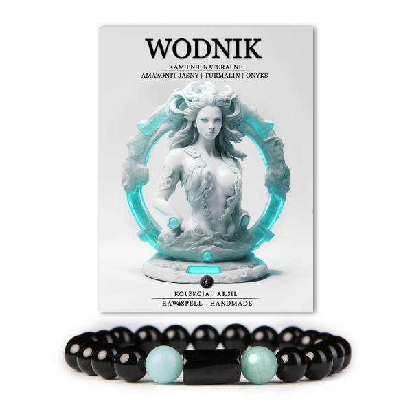 Oryginalna bransoletka z kamieni naturalnych w odcieniach jasnego amazonitu, turmalinu i onyxu, stworzona z myślą o Wodnikach. Część ekskluzywnej kolekcji Arsil, ta biżuteria nie tylko podkreśla indywidualność, ale także przyciąga pozytywną energię, tworząc doskonałą harmonię między stylem a naturą.