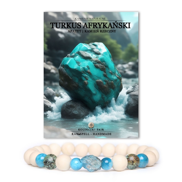 Bransoletka Fair w kolorze turkusu afrykańskiego z apatytem i kamieniem rzecznym, dostępna w wersji damskiej i męskiej.