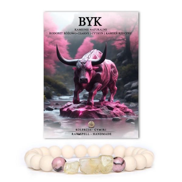 Elegancka bransoletka z naturalnych kamieni w kolekcji Cymiri, inspirowana znakiem zodiaku Byka. Różowo-czarny rodonit harmonizuje z promiennym cytrynem i delikatnym kamieniem rzecznym, tworząc wyjątkowy, stylowy akcent dla miłośników astrologii.