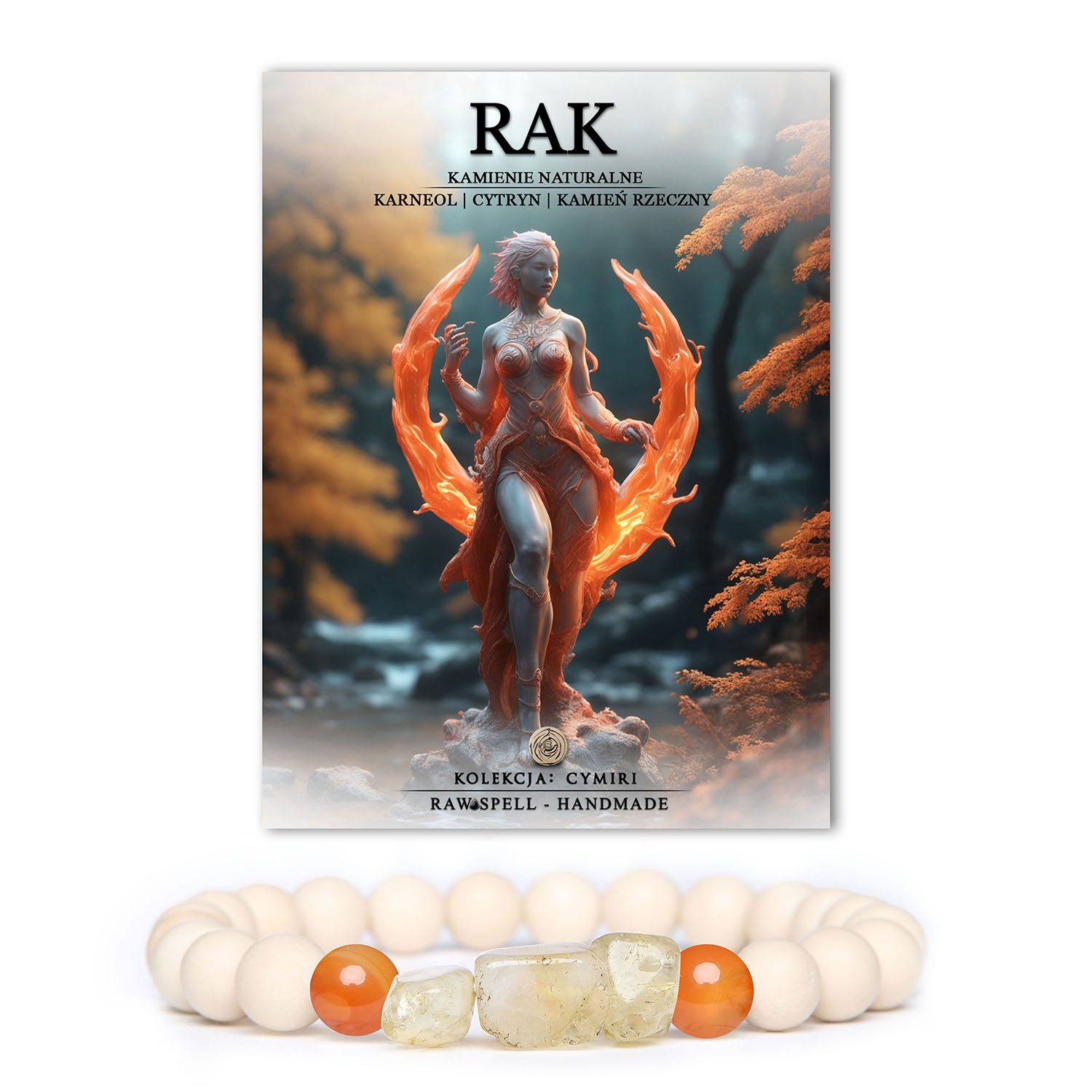 Bransoletka z kolekcji Cymiri, idealna dla osób urodzonych pod znakiem Raka. Wykonana z naturalnych kamieni - karneolu, cytrynu i kamienia rzecznego, emanuje ciepłem i pozytywną energią. Idealna do noszenia na co dzień, podkreśla intuicję i wrażliwość osób spod tego znaku.