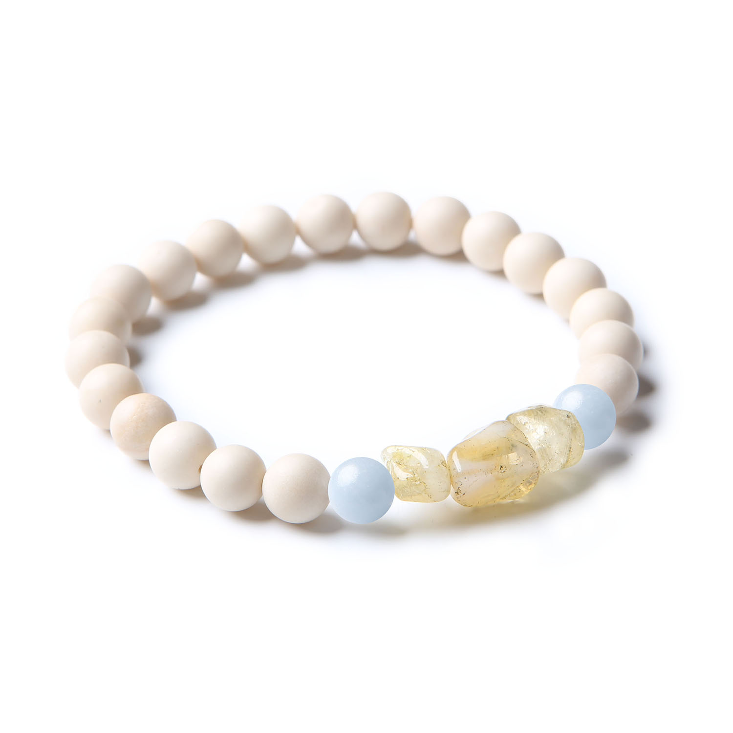 Elegancka bransoletka z kolekcji Cymiri, stworzona z angelitu z Peru, cytrynu i kamienia rzecznego, doskonała dla kobiet i mężczyzn.