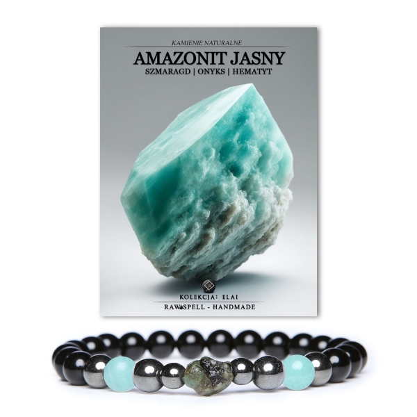 Bransoletka z kolekcji Elai, wykonana z jasnego amazonitu, szmaragdu, onyksu i hematytu grafitowego, dostępna w wariantach damskim i męskim.