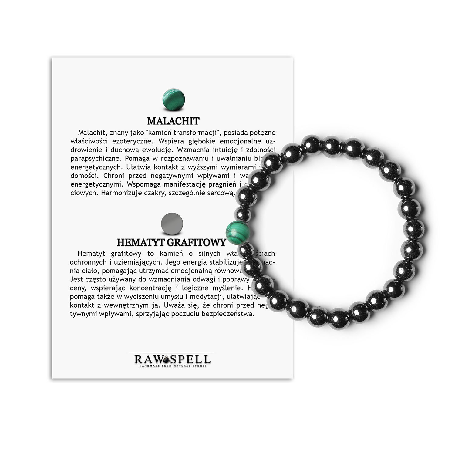 legancka bransoletka Binthe z naturalnym malachitem i hematytem. Styl dla każdego Elegancka bransoletka damska i męska z kolekcji Binthe, zdobiona malachitem i grafitowym hematytem.