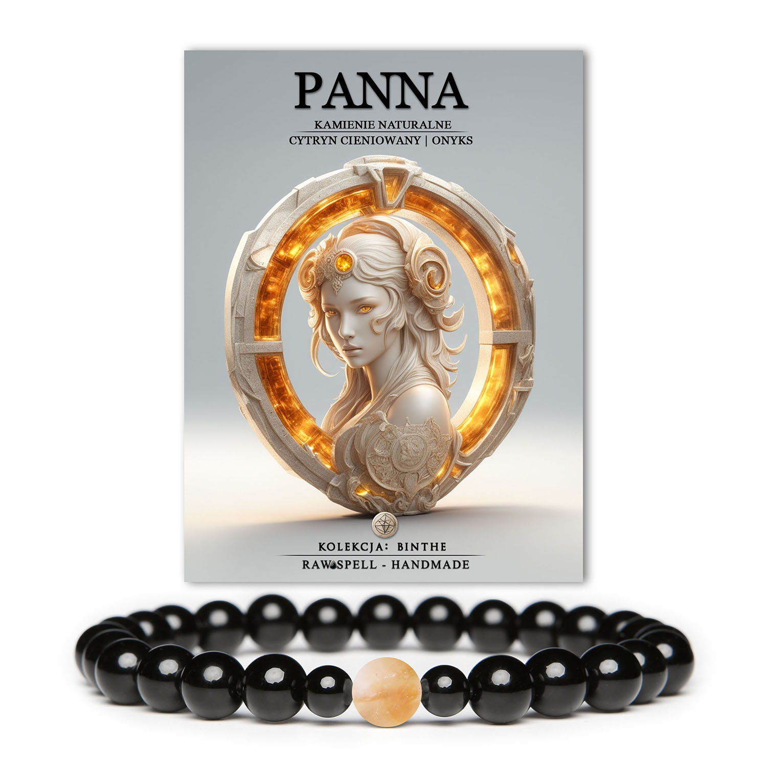 Stylowa bransoletka Binthe z naturalnych kamieni: cytryn cieniowany i onyks, symbolizująca perfekcjonizm i harmonię znaku Panny.