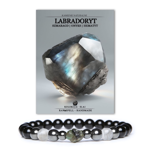 Bransoletka damska i męska z kolekcji Elai, ozdobiona labradorytem, szmaragdem, onyksami i hematytem grafitowym.