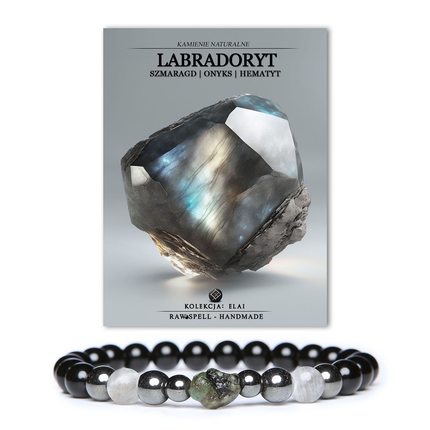 Bransoletka damska i męska z kolekcji Elai, ozdobiona labradorytem, szmaragdem, onyksami i hematytem grafitowym.